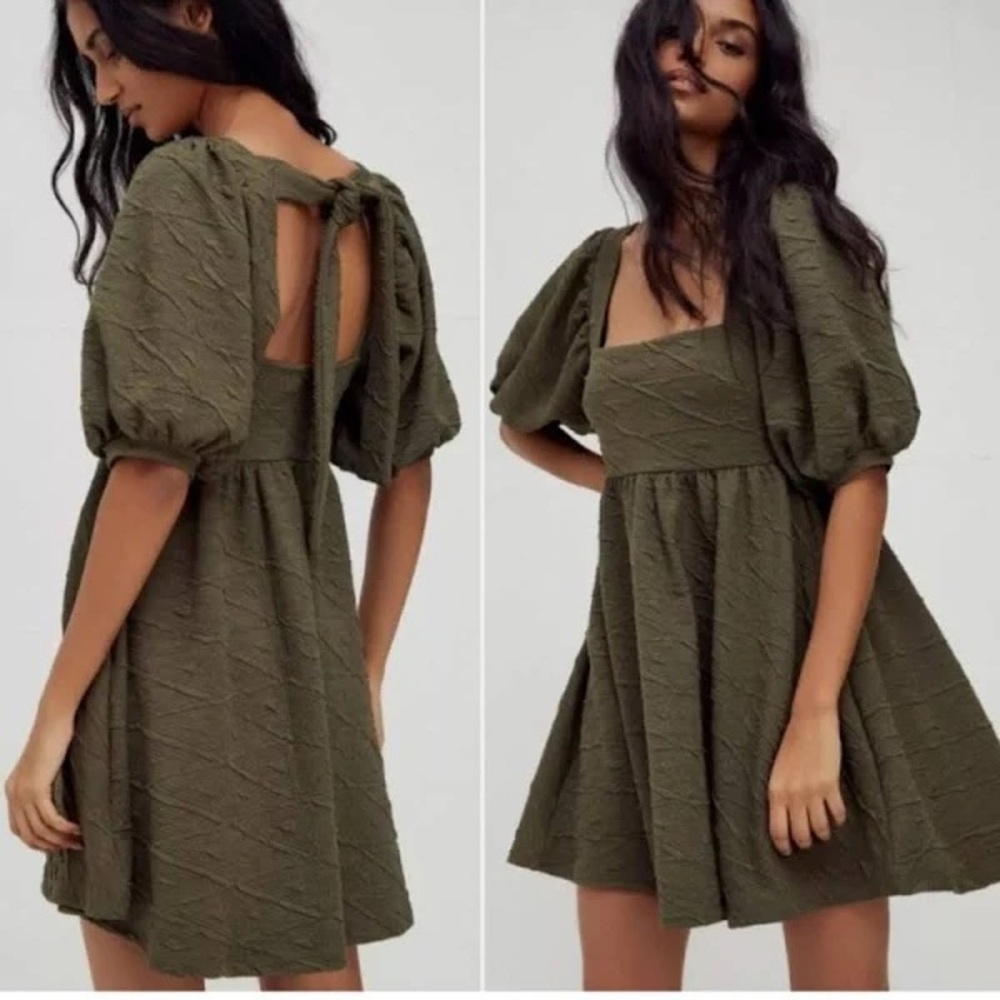 Elegant Olive Green Puff Sleeve Dress - Picture 1 of 3